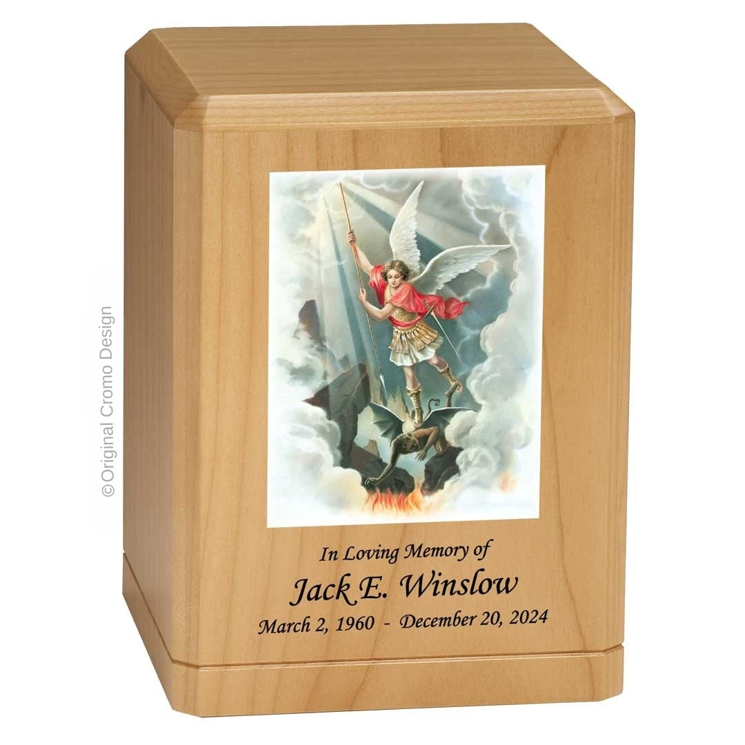 Catholic cremation urn with Saint Michael Archangel  Wood finish by Cromo NB