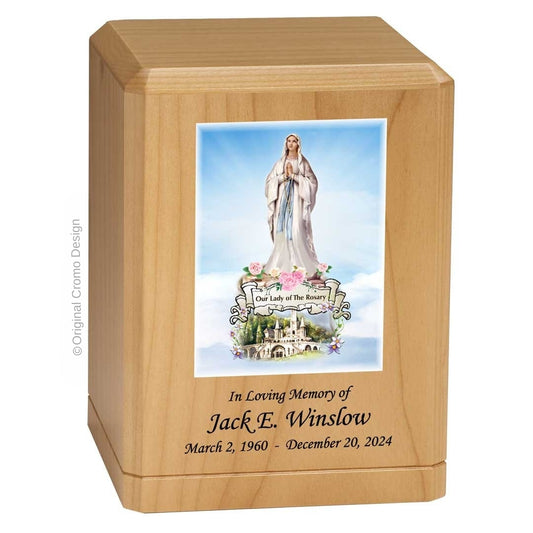 Catholic cremation urn with Our Lady of the Rosary  Wood finish by Cromo NB