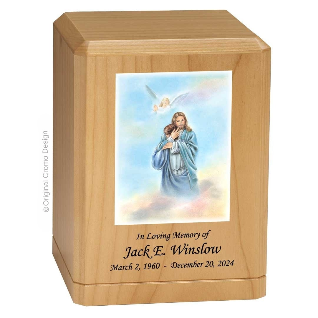 Catholic cremation urn with Paradise Jesus Hugging  Wood finish by Cromo NB