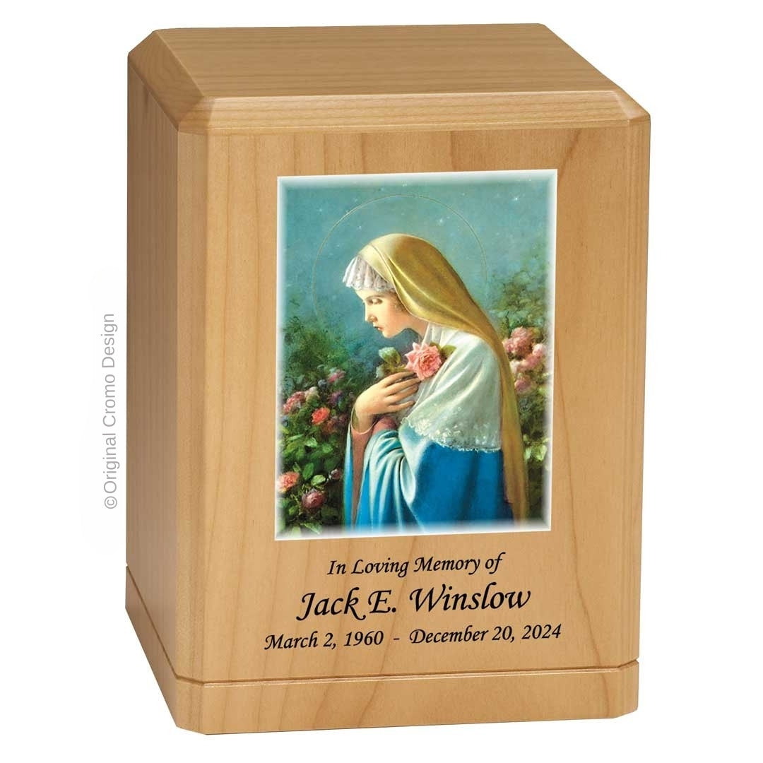 Catholic cremation urn with Mystical Rose  Wood finish by Cromo NB