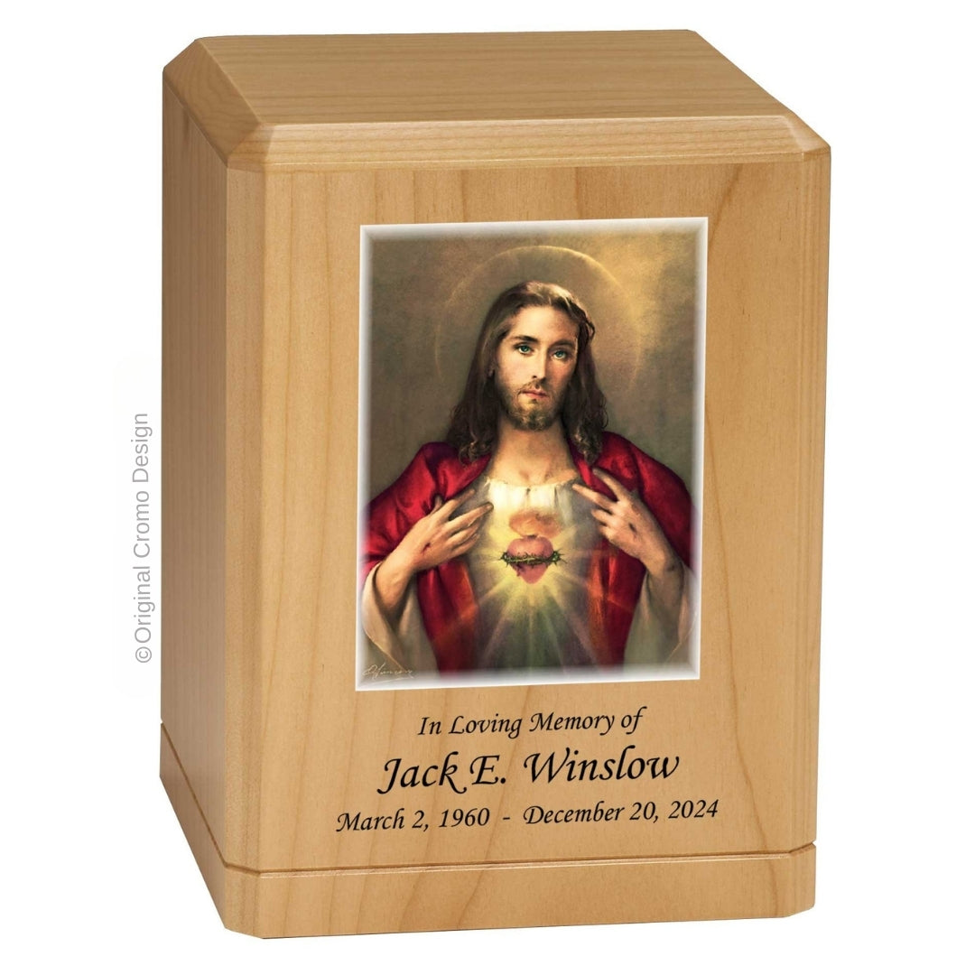 Catholic cremation urn with Sacred Heart of Jesus  Wood finish by Cromo NB