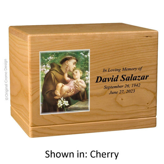 Catholic cremation urn with Saint Anthony  Cherry finish by Cromo NB
