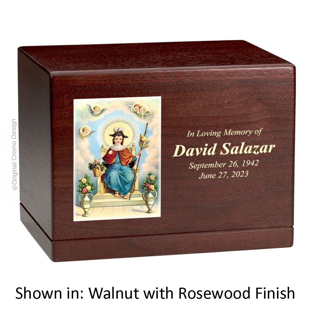 Catholic cremation urn with Child of Atocha  Wood finish by Cromo NB