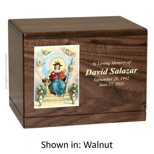 Catholic cremation urn with Child of Atocha  Wood finish by Cromo NB