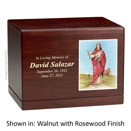 Catholic cremation urn with Our Lady of Santa Barbara  Wood finish by Cromo NB