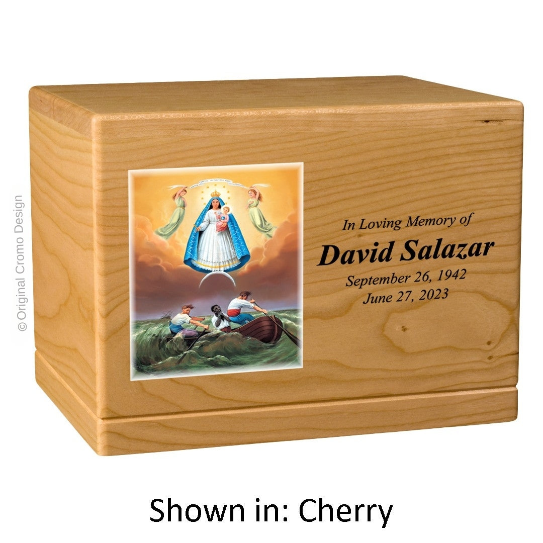 Catholic cremation urn with Our Lady of Charity  Wood finish by Cromo NB