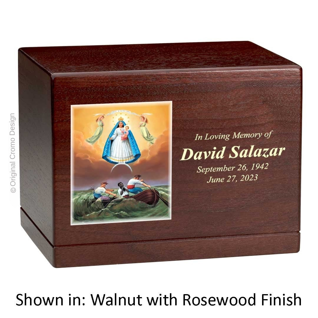 Catholic cremation urn with Our Lady of Charity  Wood finish by Cromo NB