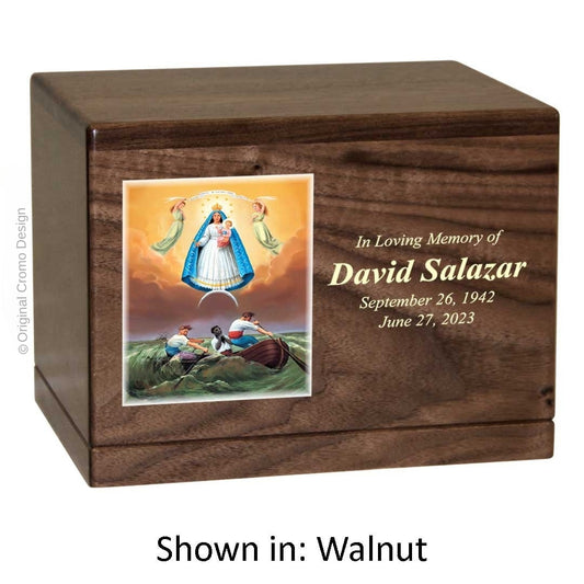 Catholic cremation urn with Our Lady of Charity  Wood finish by Cromo NB