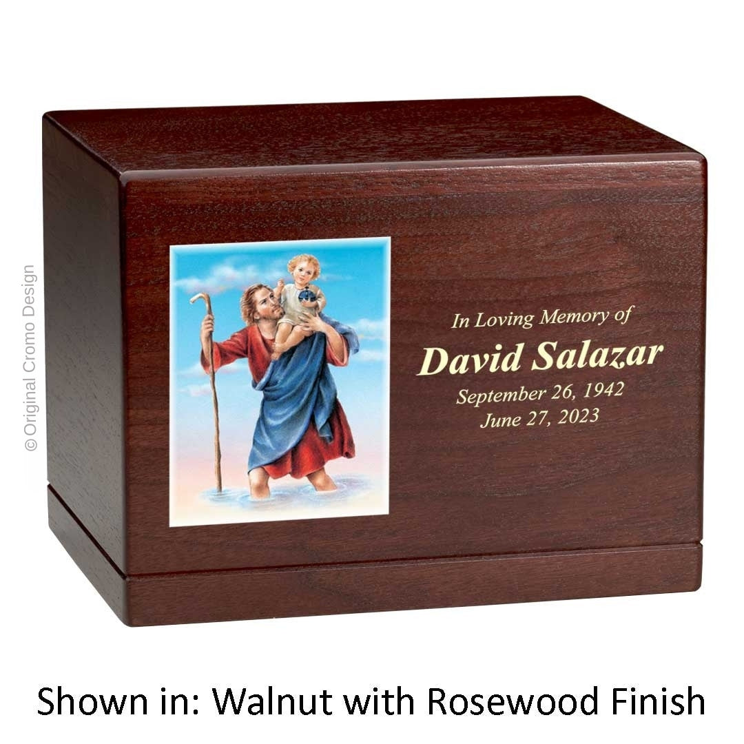 Catholic cremation urn with Saint Christopher  Wood finish by Cromo NB