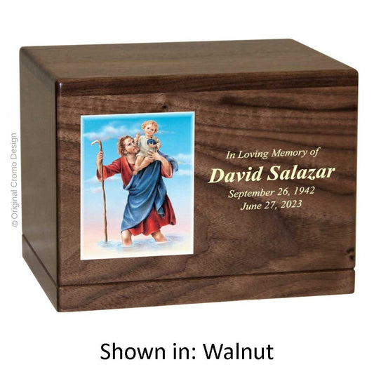 Catholic cremation urn with Saint Christopher  Wood finish by Cromo NB