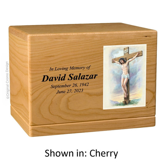 Catholic cremation urn with Crucifixion  Wood finish by Cromo NB