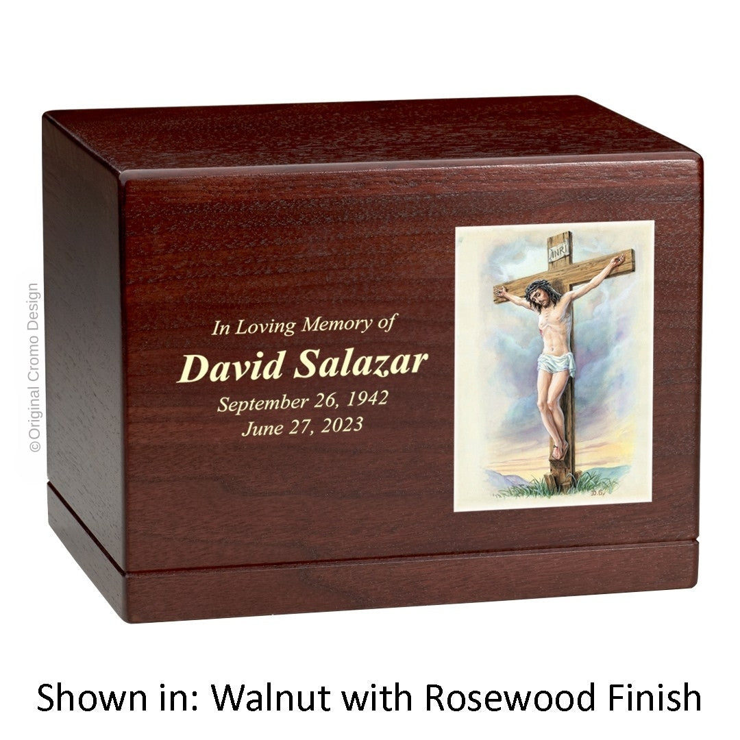 Catholic cremation urn with Crucifixion  Wood finish by Cromo NB