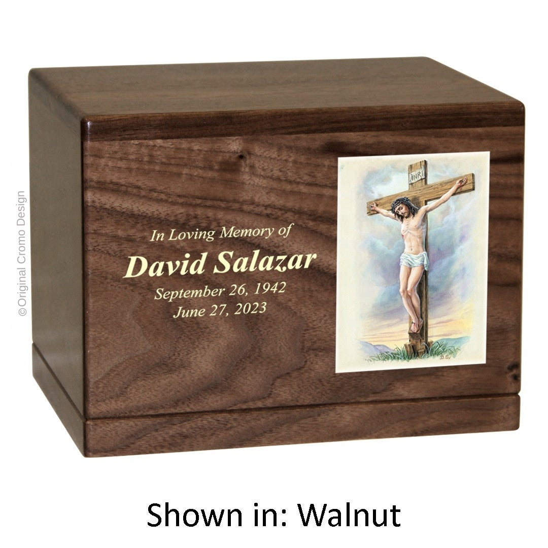Catholic cremation urn with Crucifixion  Wood finish by Cromo NB