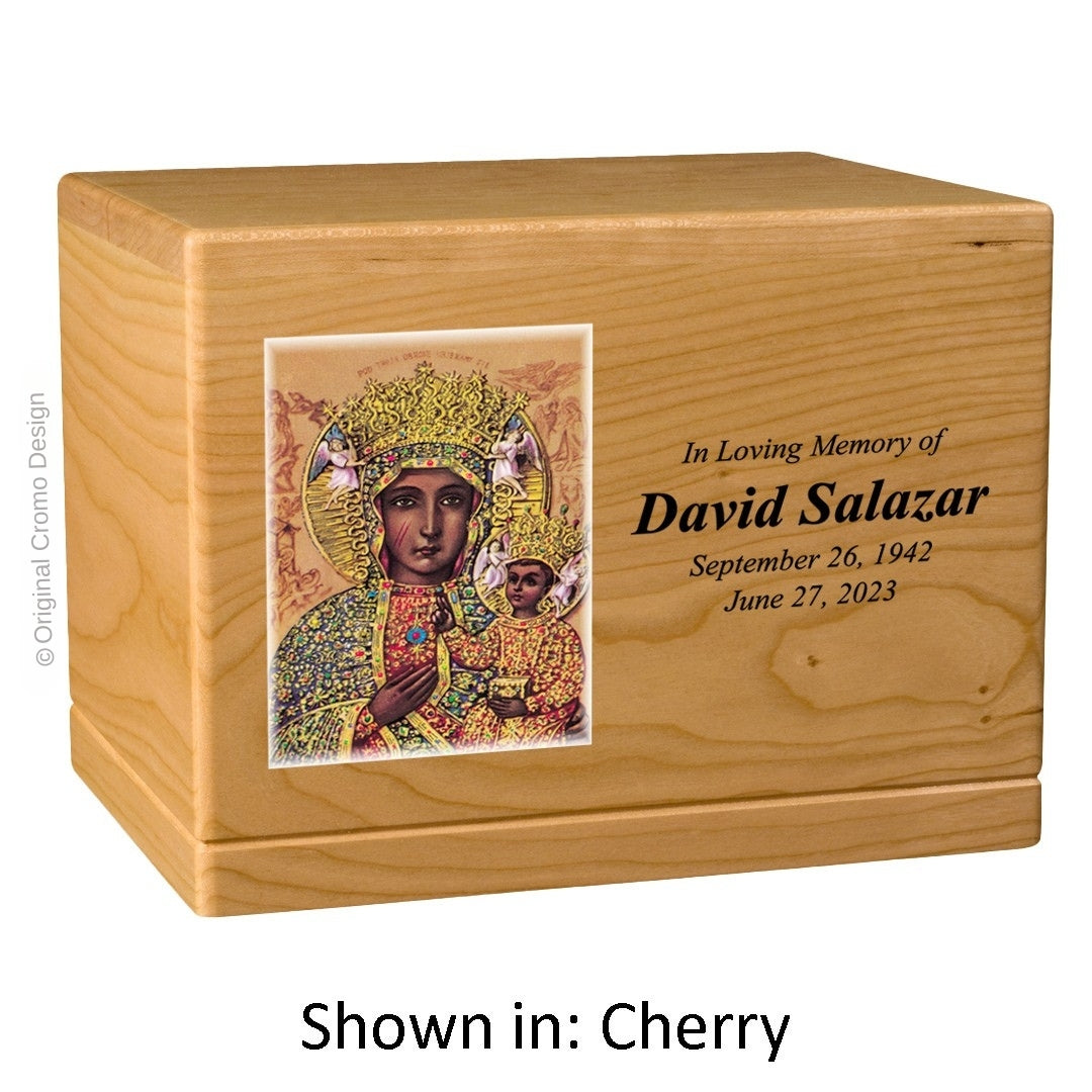 Catholic cremation urn with Our Lady of Czetechowa  Wood finish by Cromo NB