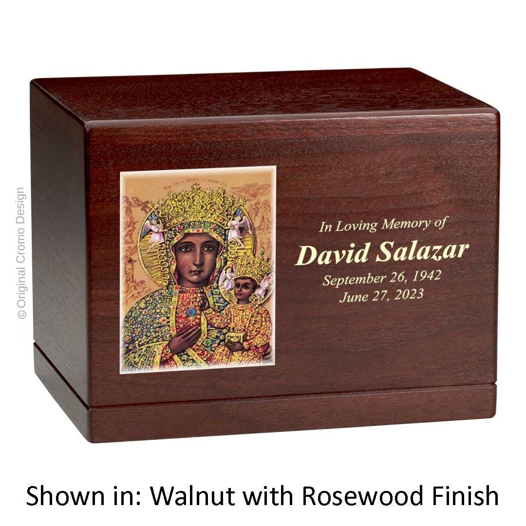Catholic cremation urn with Our Lady of Czetechowa  Wood finish by Cromo NB