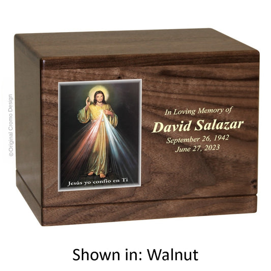 Catholic cremation urn with Divine Mercy Spanish  Wood finish by Cromo NB