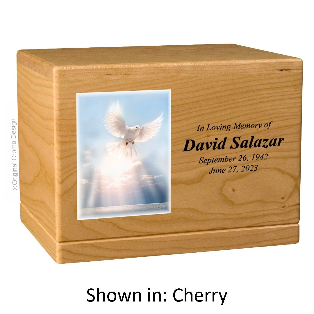 Catholic cremation urn with White Dove  Wood finish by Cromo NB