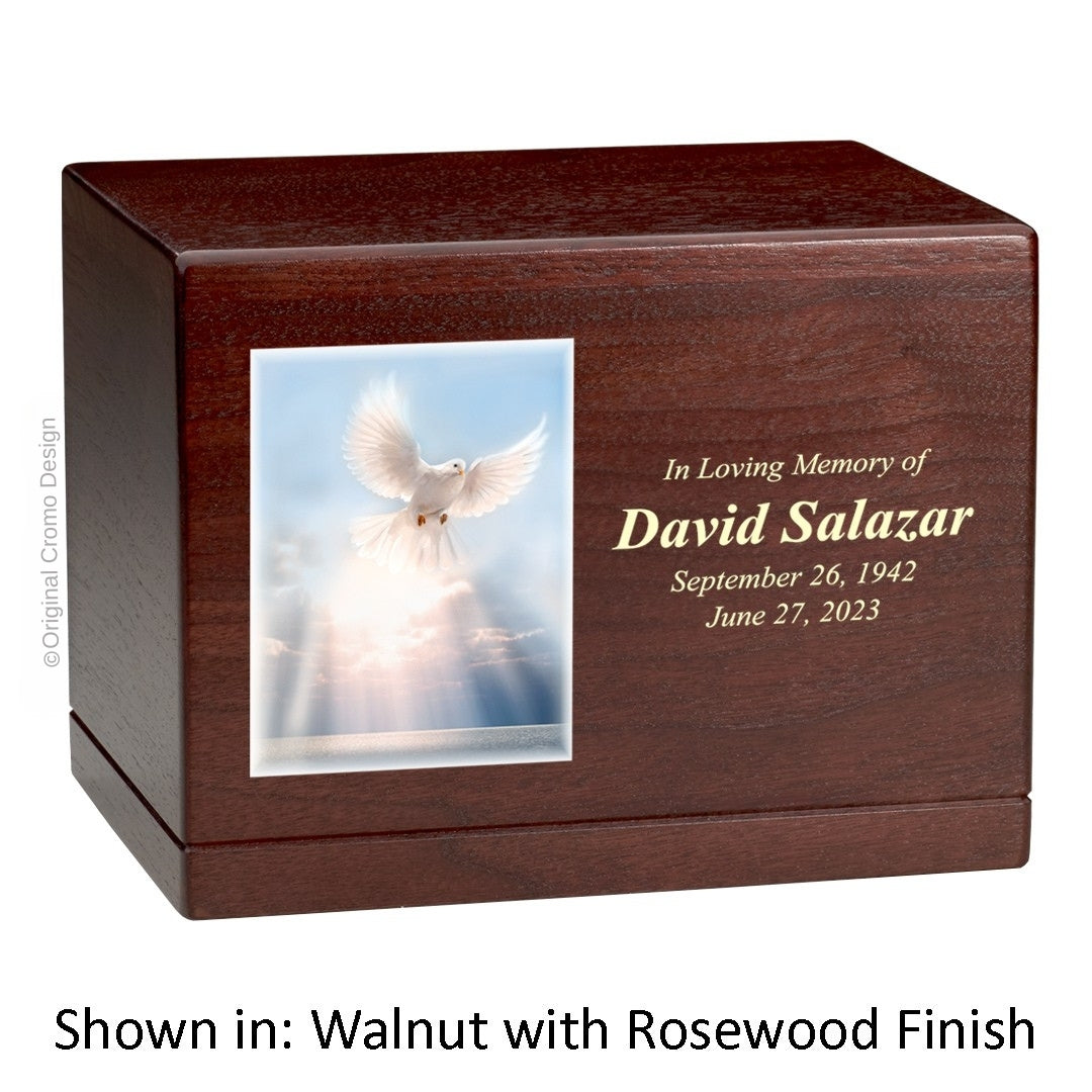 Catholic cremation urn with White Dove  Wood finish by Cromo NB