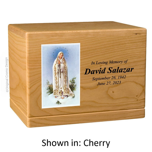 Catholic cremation urn with Our Lady of Fatima  Wood finish by Cromo NB