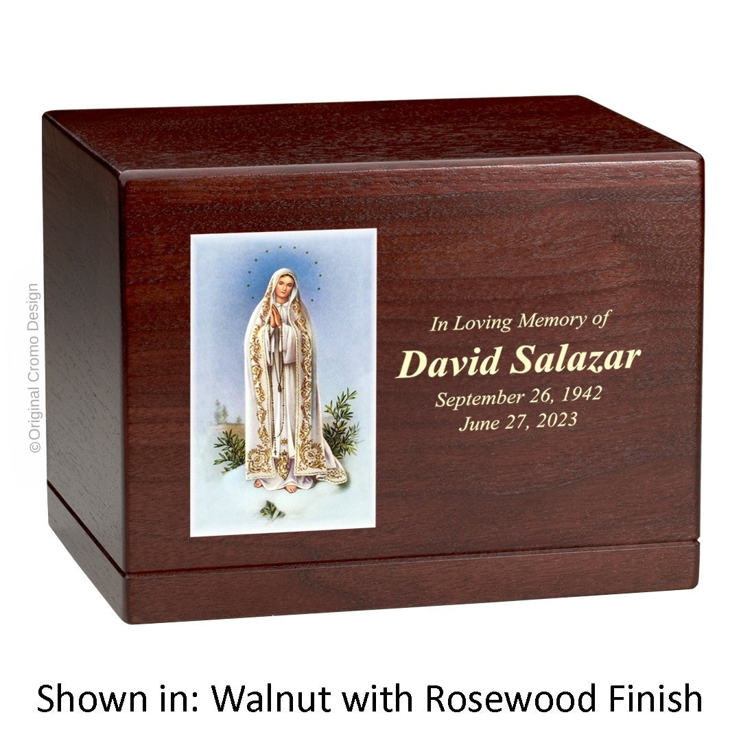 Catholic cremation urn with Our Lady of Fatima  Wood finish by Cromo NB