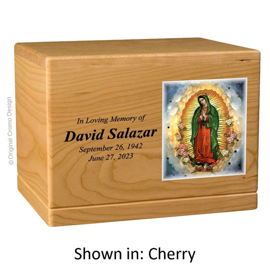 Catholic cremation urn with Our Lady of Guadalupe  Wood finish by Cromo NB