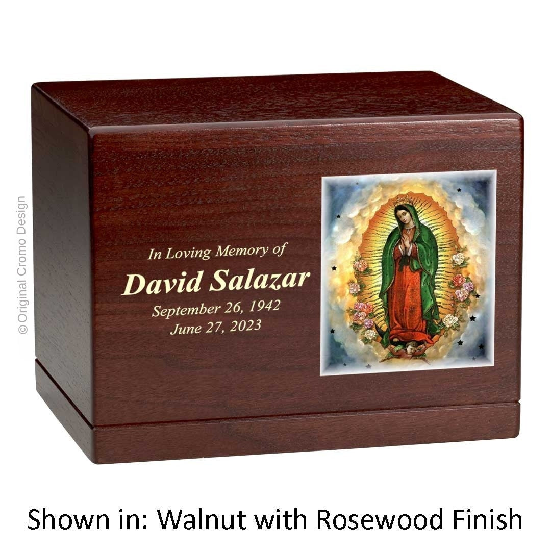 Catholic cremation urn with Our Lady of Guadalupe  Wood finish by Cromo NB
