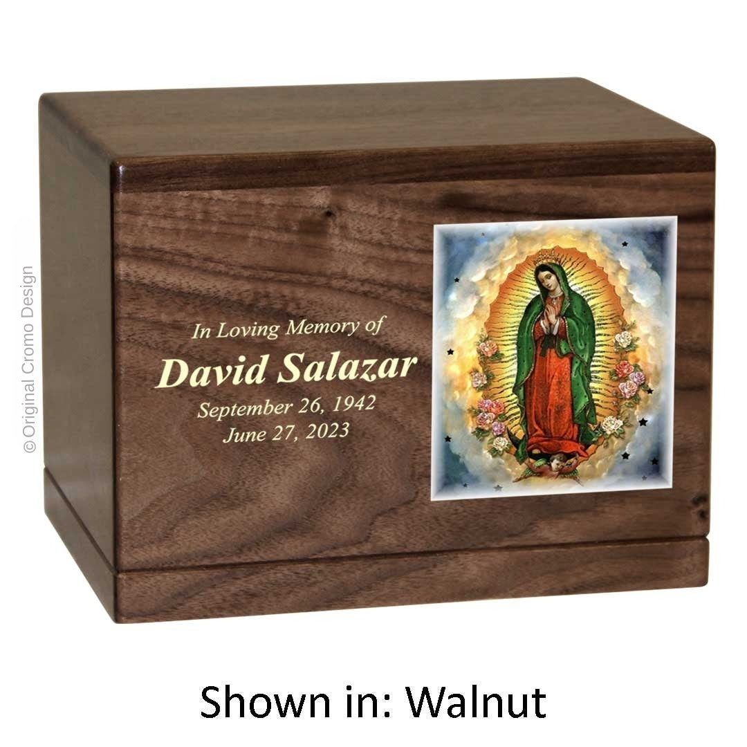 Catholic cremation urn with Our Lady of Guadalupe  Wood finish by Cromo NB