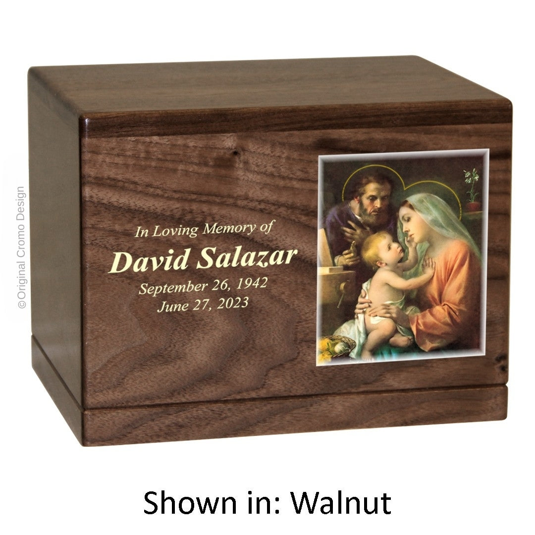 Catholic cremation urn with Holy Family  Wood finish by Cromo NB
