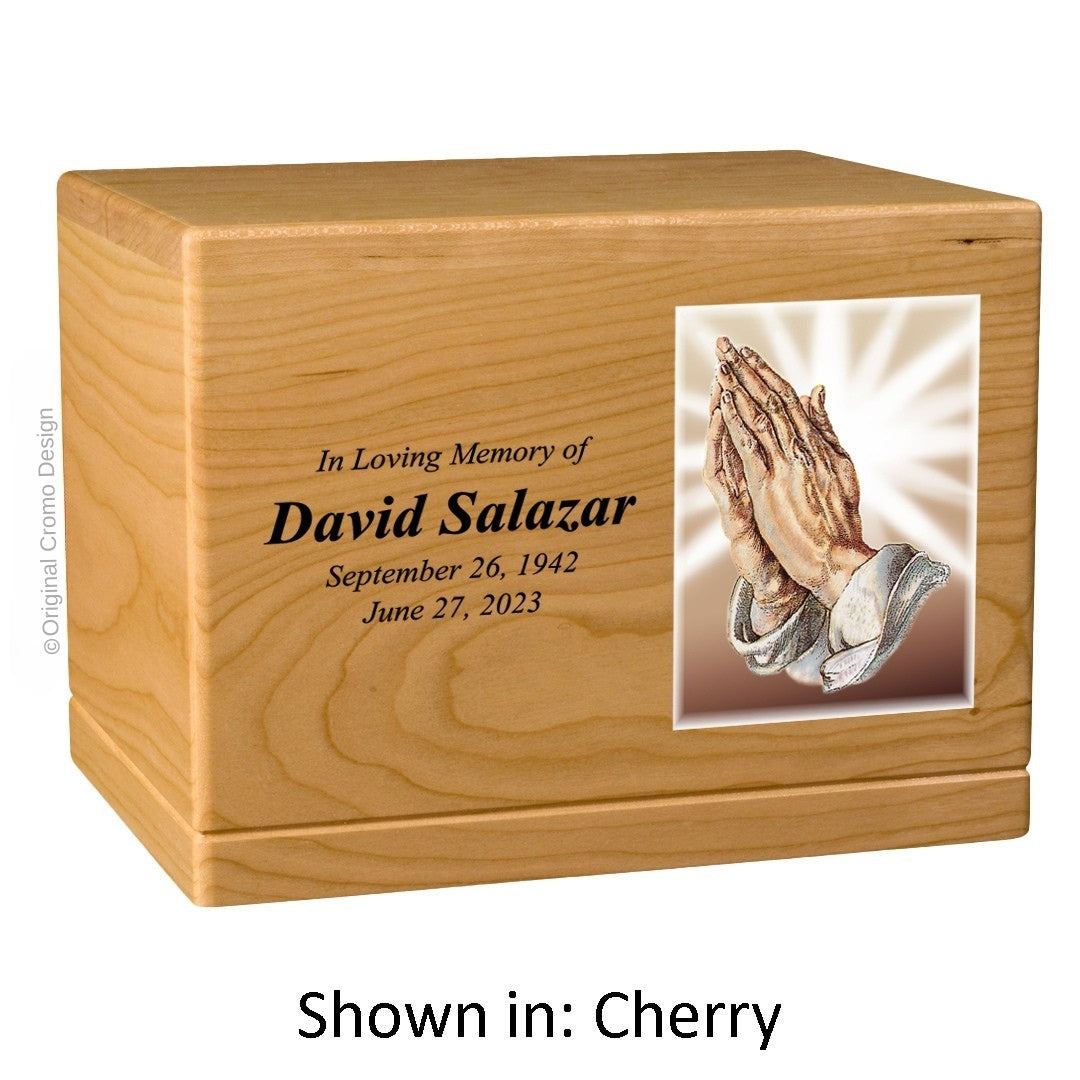 Catholic cremation urn with Praying Hands  Wood finish by Cromo NB