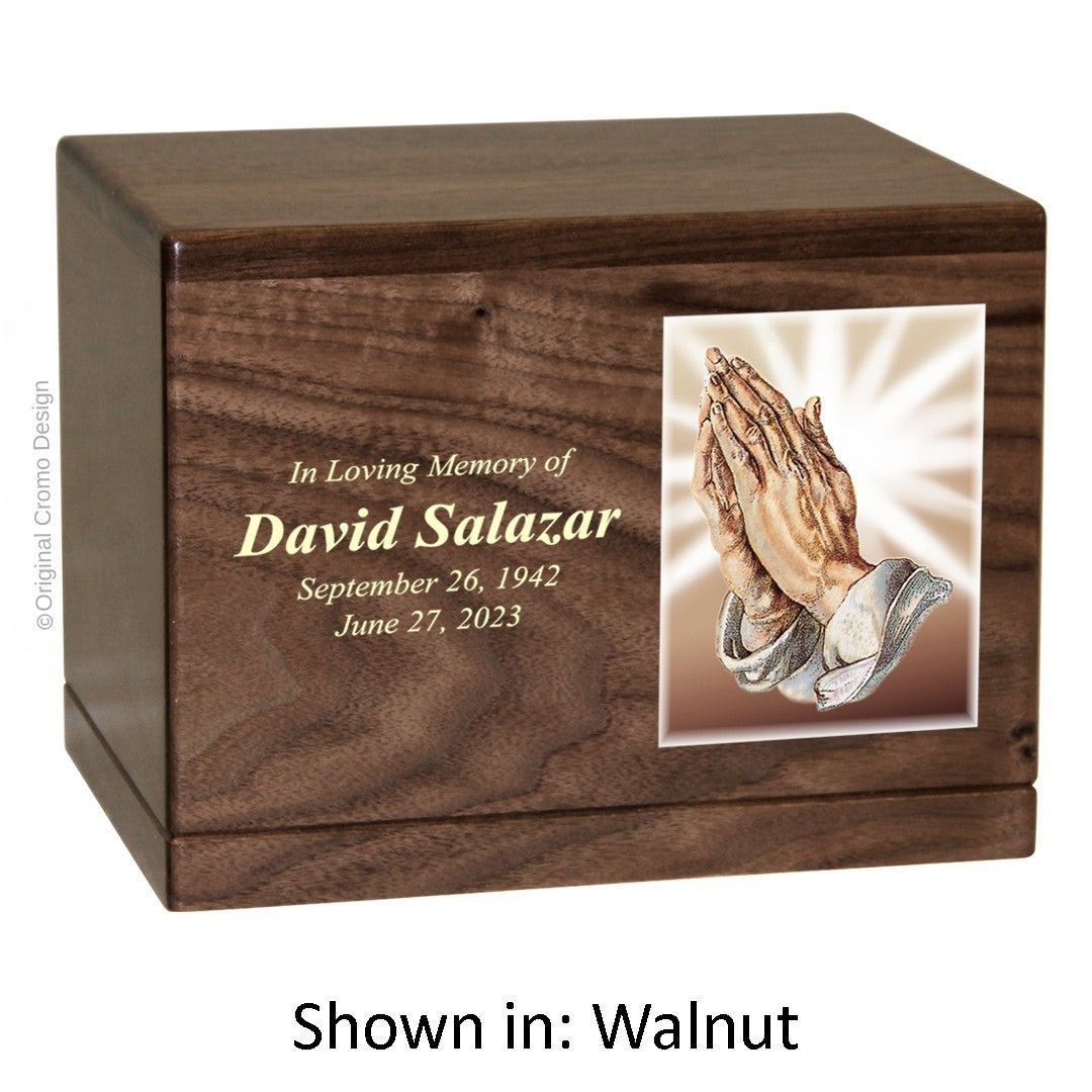 Catholic cremation urn with Praying Hands  Wood finish by Cromo NB
