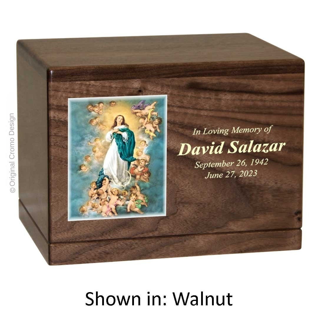 Catholic cremation urn with Immaculate Conception  Wood finish by Cromo NB