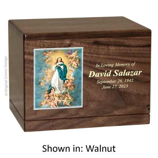 Catholic cremation urn with Immaculate Conception  Wood finish by Cromo NB