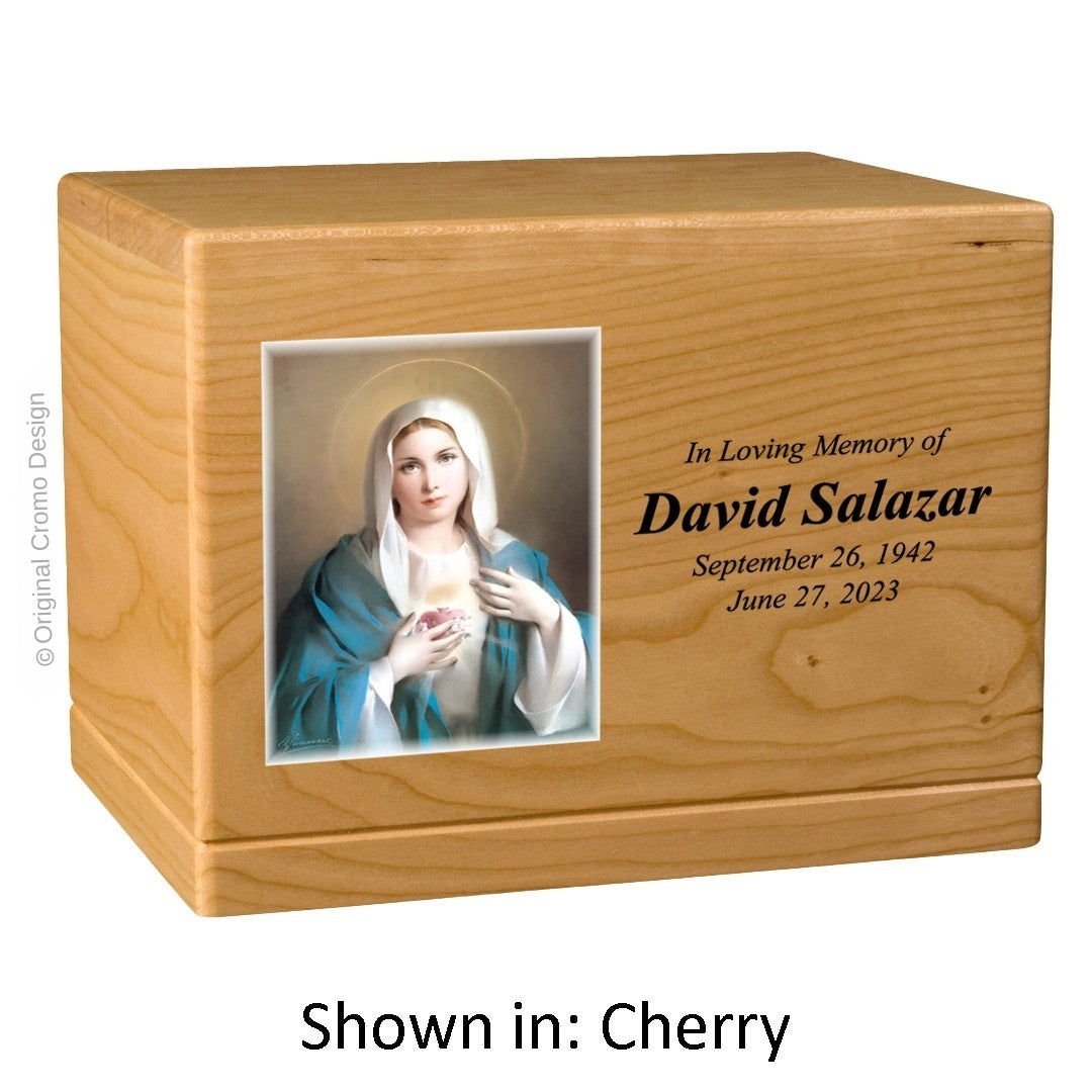 Catholic cremation urn with Immaculate Heart of Mary  Wood finish by Cromo NB