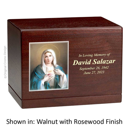 Catholic cremation urn with Immaculate Conception  Wood finish by Cromo NB