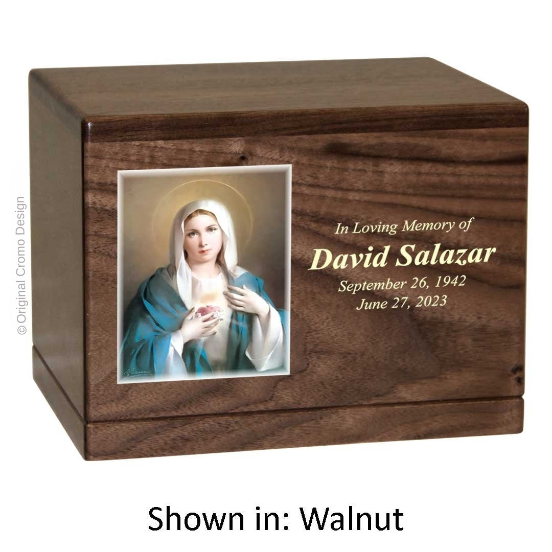 Catholic cremation urn with Immaculate Heart of Mary  Wood finish by Cromo NB