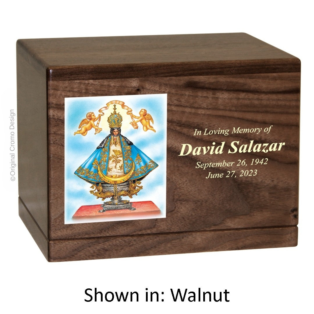 Catholic cremation urn with Our Lady of San Juan de Lagos  Wood finish by Cromo NB