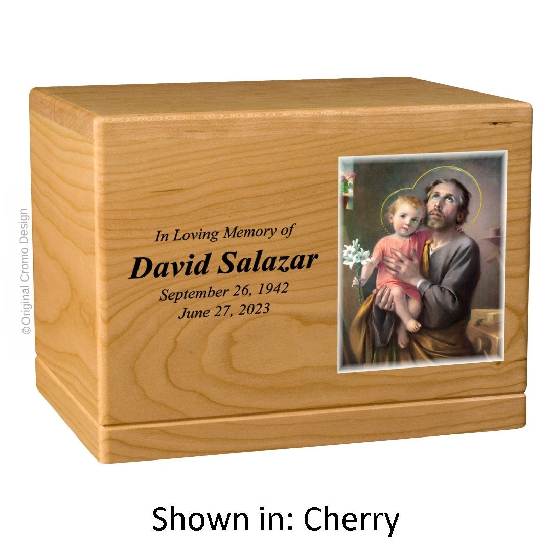 Catholic cremation urn with Saint Joseph  Wood finish by Cromo NB