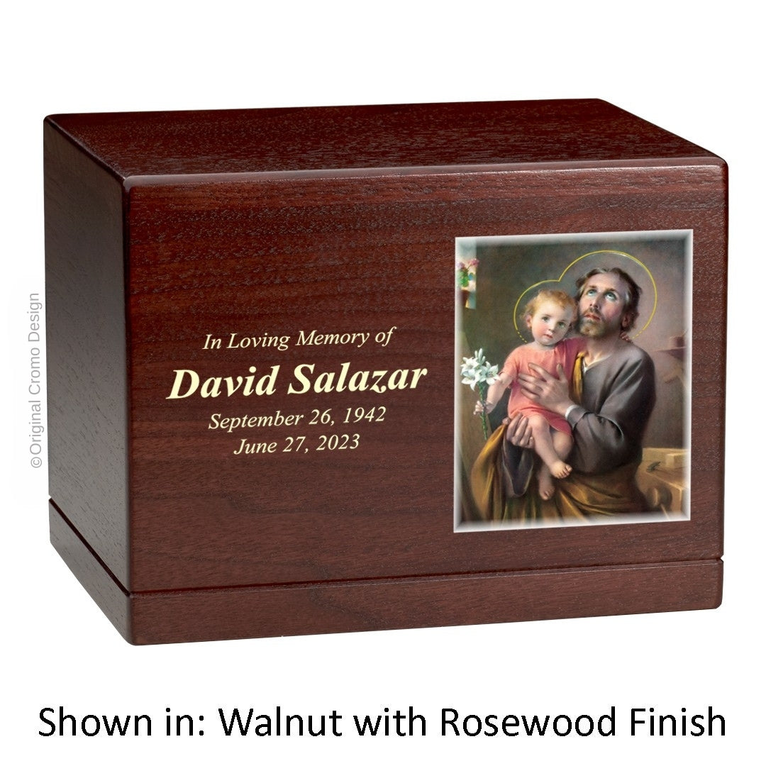 Catholic cremation urn with Our Lady of San Juan de Lagos  Wood finish by Cromo NB