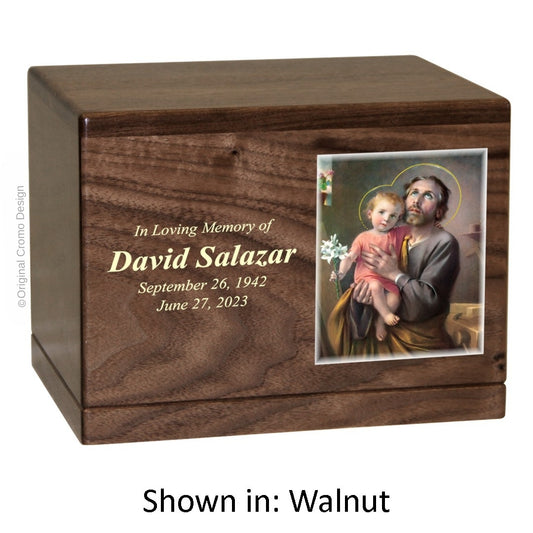 Catholic cremation urn with Saint Joseph  Wood finish by Cromo NB