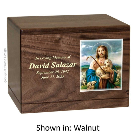 Catholic cremation urn with Jesus Shepherd  Wood finish by Cromo NB