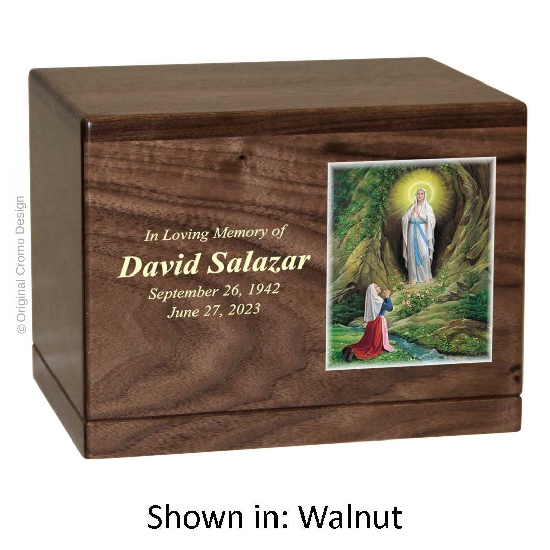 Catholic cremation urn with Our Lady of Lourdes  Wood finish by Cromo NB
