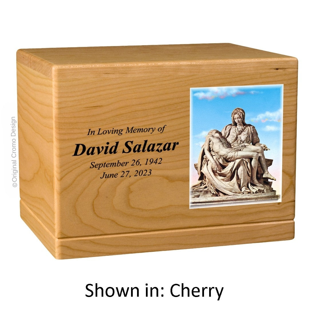 Catholic cremation urn with Pieta Michelangelo  Wood finish by Cromo NB