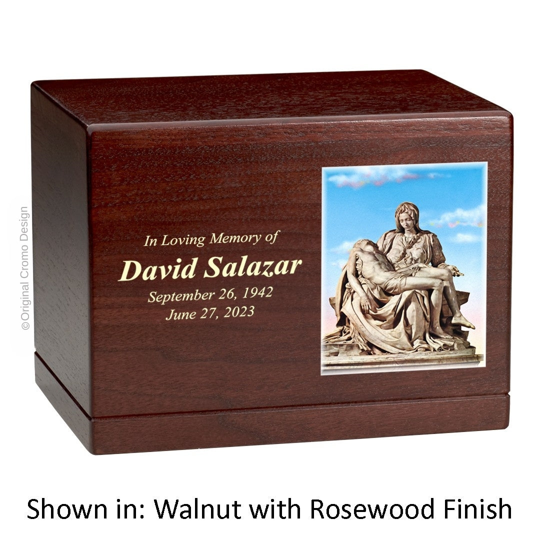 Catholic cremation urn with Madonna of The Street  Wood finish by Cromo NB