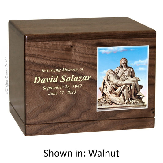 Catholic cremation urn with Pieta Michelangelo  Wood finish by Cromo NB