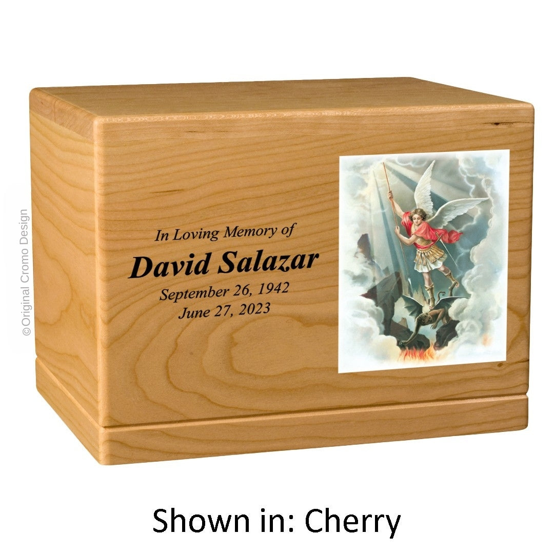 Catholic cremation urn with Saint Michael Archangel  Wood finish by Cromo NB