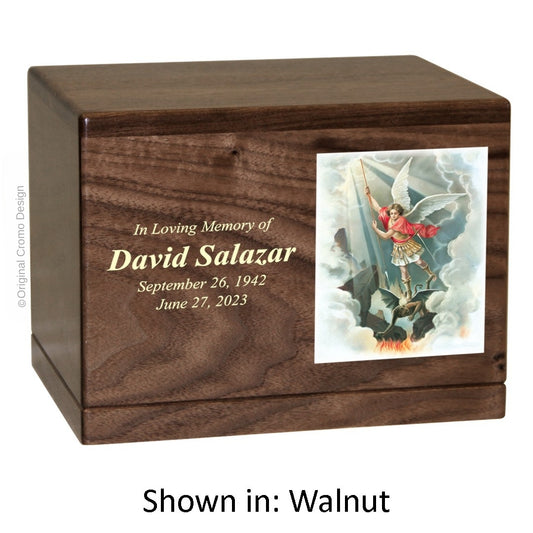 Catholic cremation urn with Saint Michael Archangel  Wood finish by Cromo NB