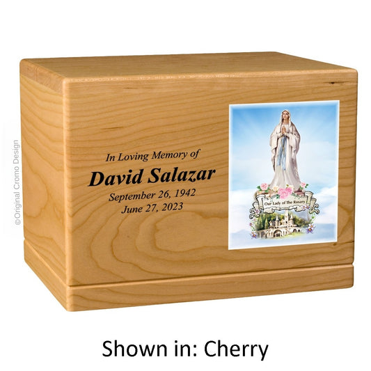 Catholic cremation urn with Our Lady of the Rosary  Wood finish by Cromo NB