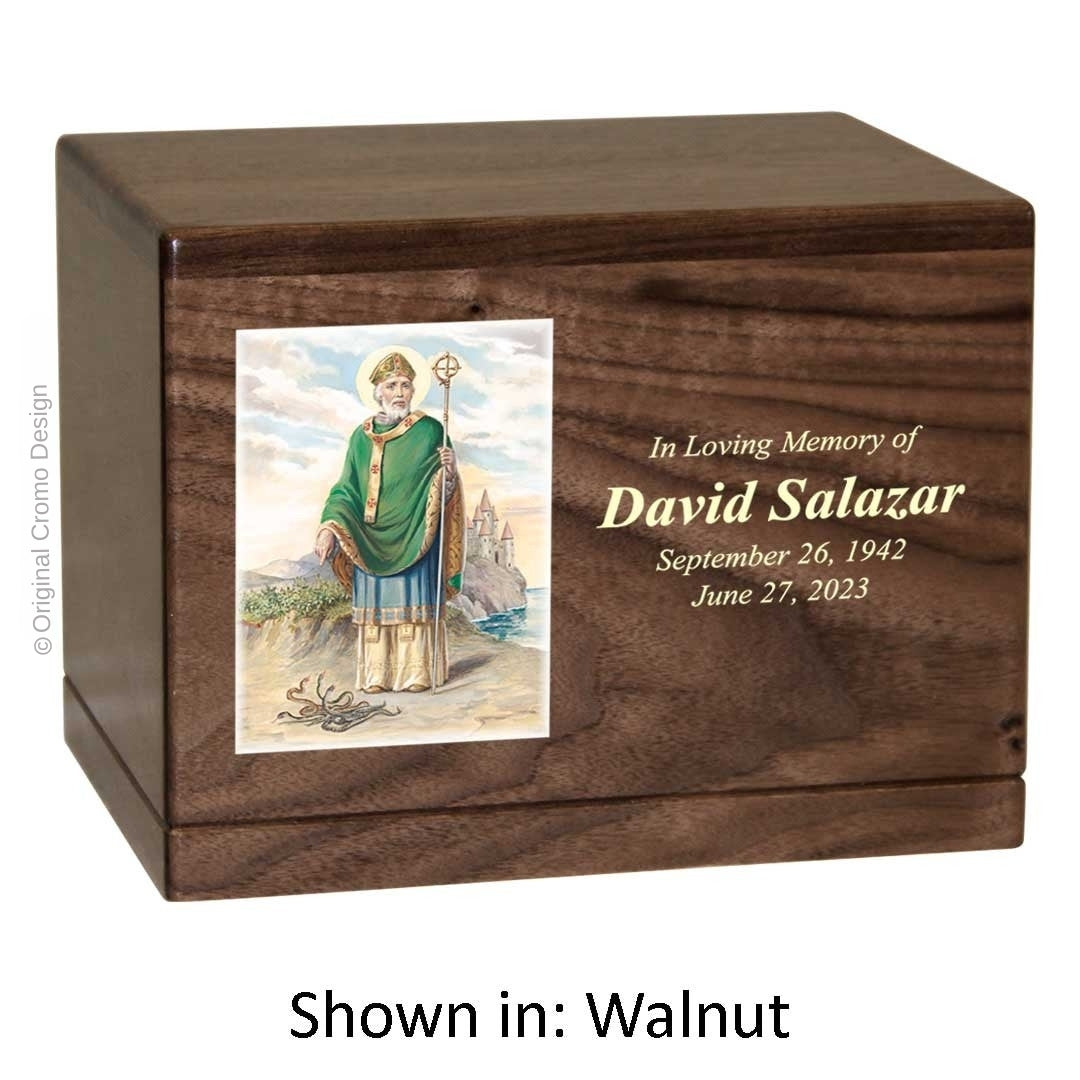 Catholic cremation urn with Saint Patrick  Wood finish by Cromo NB