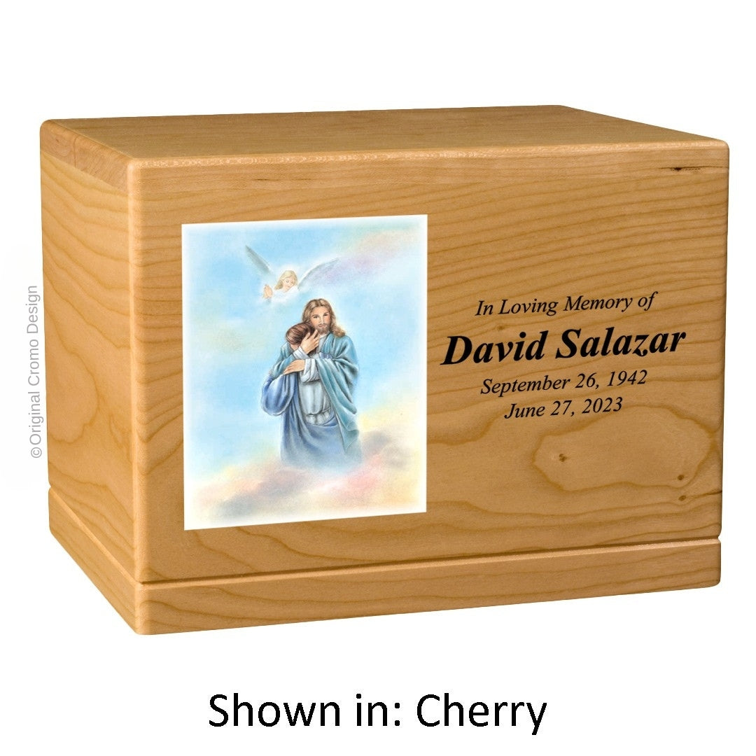 Catholic cremation urn with Paradise Jesus Hugging  Wood finish by Cromo NB