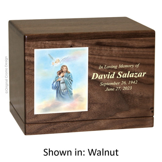 Catholic cremation urn with Paradise Jesus Hugging  Wood finish by Cromo NB